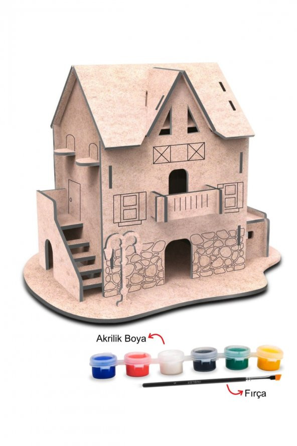 Ahşap Taş Ev Maket Boyama Seti, 6lı Boya Ve Fırça Dahil - 3