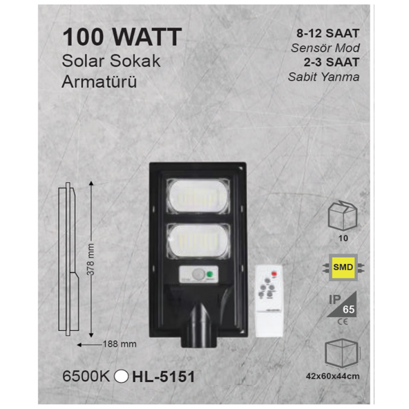 100W Güneş Enerjili Sokak Lambası Bahçe Aydınlatması Kumandalı Sensörlü HeroLed Solar Sokak Armatürü - 5