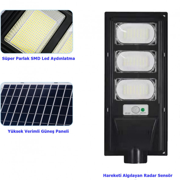 150W Güneş Enerjili Sokak Lambası Bahçe Aydınlatması Kumandalı Sensörlü HeroLed Solar Sokak Armatürü - 4
