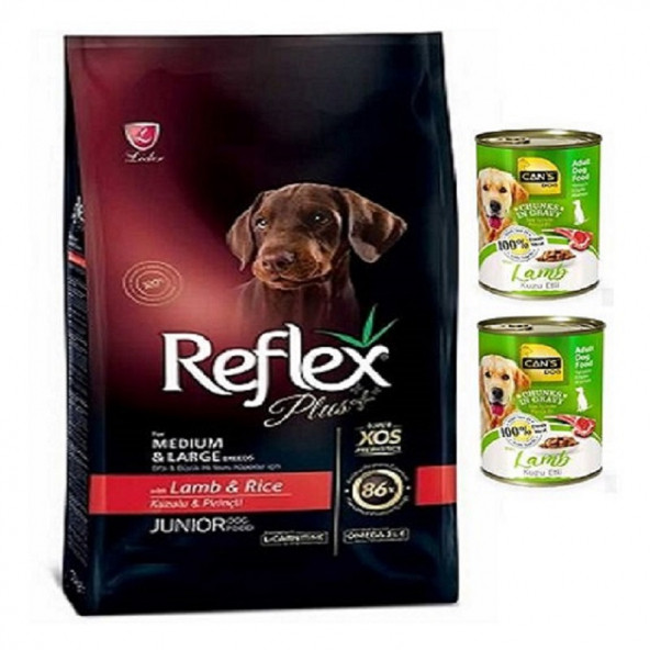 Reflex Plus Dog Medium & Large Junior Orta ve Büyük Irk Yavru Köpek Maması 15 Kg Kuzu Etli 2 Adet Konserve Hediyeli