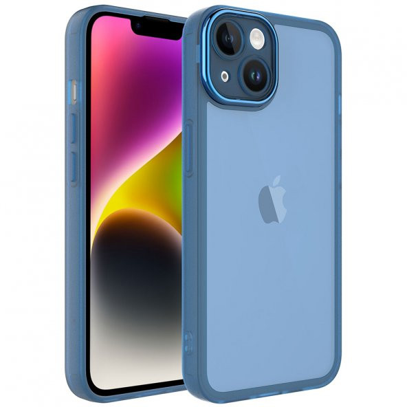 KNY Apple İphone 14 Kılıf Kamera Korumalı Renkli Kenarlı Arkası Şeffaf Post Silikon Mavi
