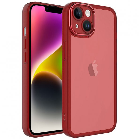 KNY Apple İphone 14 Kılıf Kamera Korumalı Renkli Kenarlı Arkası Şeffaf Post Silikon Kırmızı