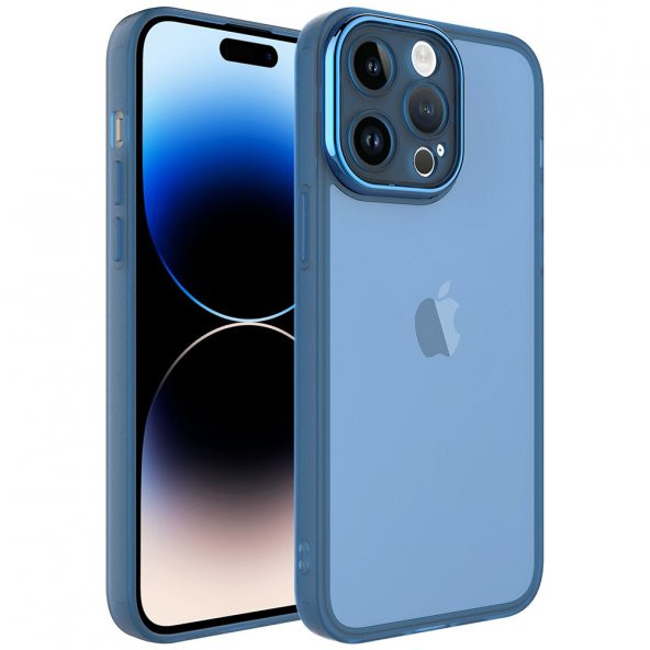 KNY Apple İphone 14 Pro Kılıf Kamera Korumalı Renkli Kenarlı Arkası Şeffaf Post Silikon Mavi