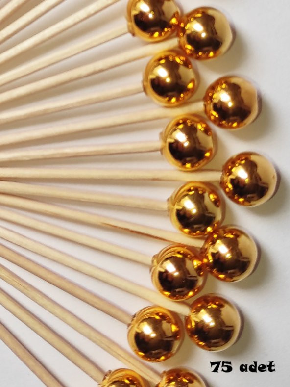 75 Adet Dekoratif Yuvarlak İnci Pasta Kürdanı 6 cm Gold - İnci 10 mm - 1