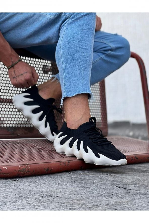 Wagoon WG300 Siyah Beyaz Triko Sargı Taban Casual Erkek Ayakkabı - 2