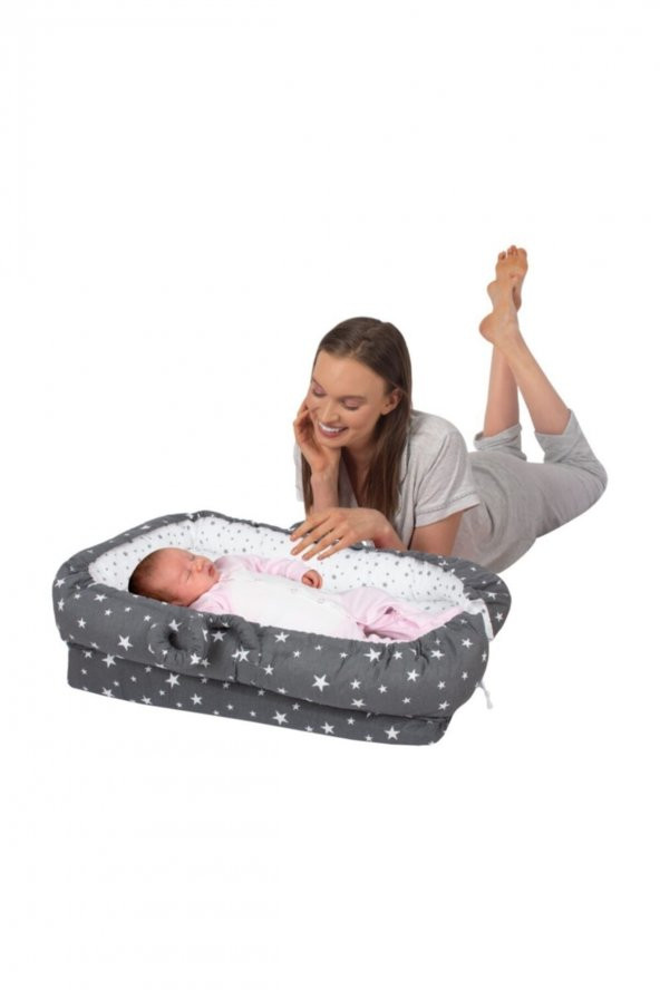 Sevi Bebe Anne Yanı Bebek Reflü Yatağı Gri Yıldız