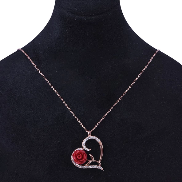 Kalpli Kırmızı Gül 925 Ayar Kadın Gümüş Kolye Rose Gold - 2