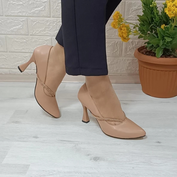Fiyra 7023 Nut 8cm Kadeh Topuklu Taşlı Bayan Stiletto Ayakkabı - 5