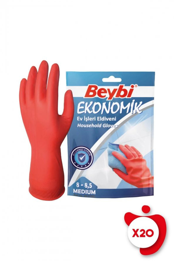 Beybi Ekonomik Ev İşleri ve Bulaşık Eldiveni 8-8,5 Beden Kırmızı 20 Paket