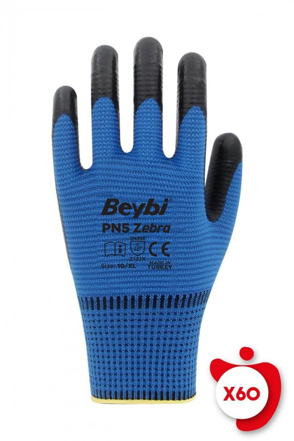 Beybi PN5 Zebra Mavi Polyester Örme Nitril İş Eldiveni 10 Beden 60 Çift