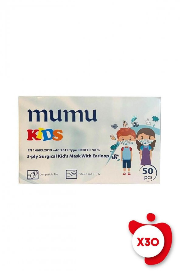 Mumu 3-PLY Surgical Kids Mask With Earloop 50li 30 Paket