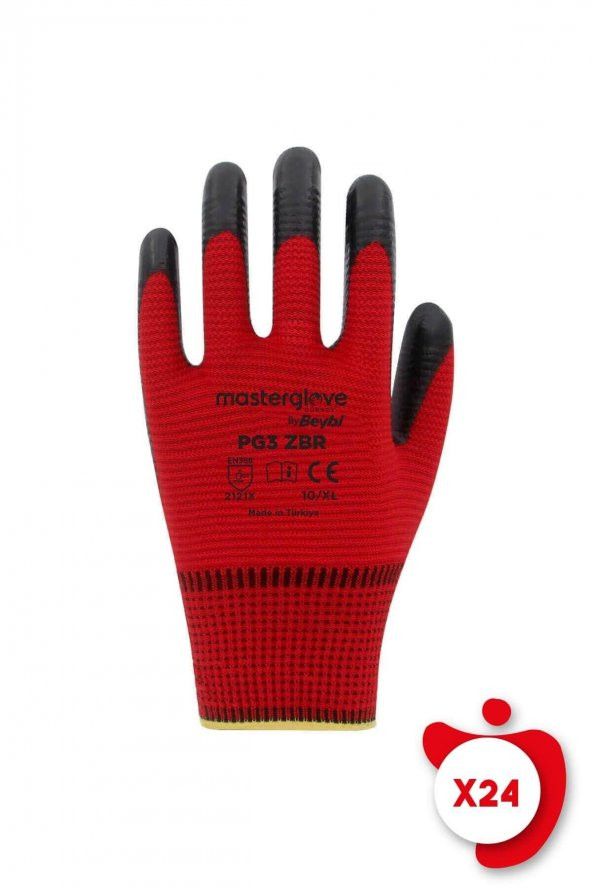 Master Glove PG3 Zebra Kırmızı Polyester Örme Nitril İş Eldiveni 10 Beden 24 Çift