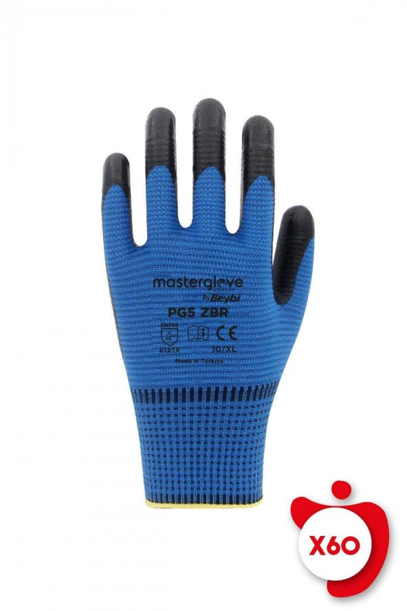 Master Glove PG5 Zebra Mavi Polyester Örme Nitril İş Eldiveni 10 Beden 60 Çift