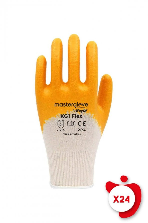 Master Glove KG1 Flex Sarı Pamuk Nitril İş Eldiveni 10 Beden 24 Çift