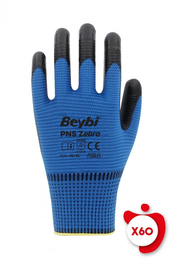 Beybi PN5 Zebra Mavi Polyester Örme Nitril İş Eldiveni 9 Beden 60 Çift