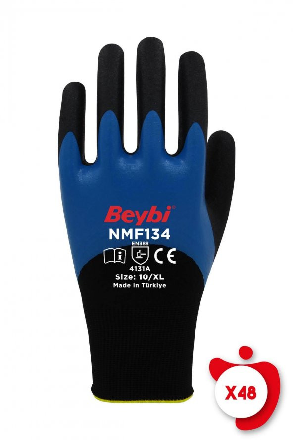 Beybi NMF134 Mavi Mikro Köpük Nitril Kaplı Polyester Örgü Eldiven 8 Beden 48 Çift