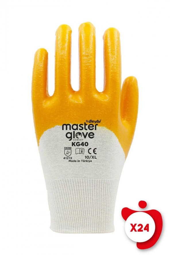 Master Glove KG40 Sarı Nitril Kaplı Pamuk ve Polyester Örgü İş Eldiveni 10 Beden 24 Çift