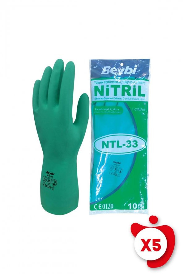 Beybi NTL-33 Yeşil Kimyasal Koruyucu Nitril İş Eldiveni 10 Beden 5 Paket