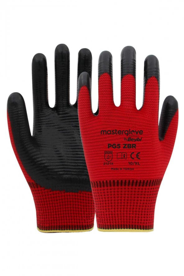 Master Glove PG5 Zebra Kırmızı Polyester Örme Nitril İş Eldiveni 10 Beden