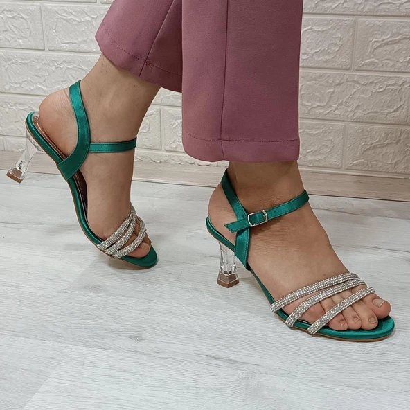 Fiyra 7027 Yeşil 7cm Kadeh Topuk Üçbant Taşlı Bayan Abiye Ayakkabı - 5