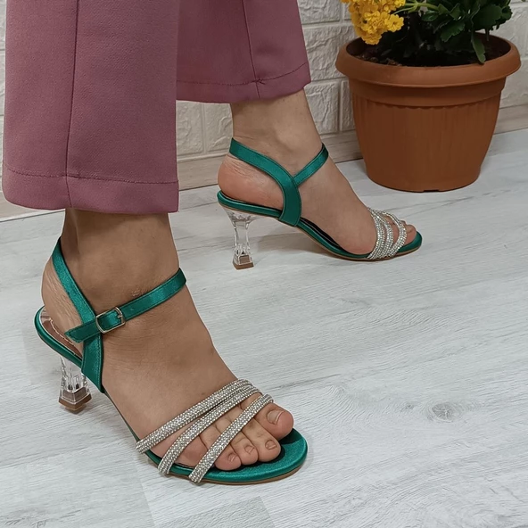 Fiyra 7027 Yeşil 7cm Kadeh Topuk Üçbant Taşlı Bayan Abiye Ayakkabı - 6