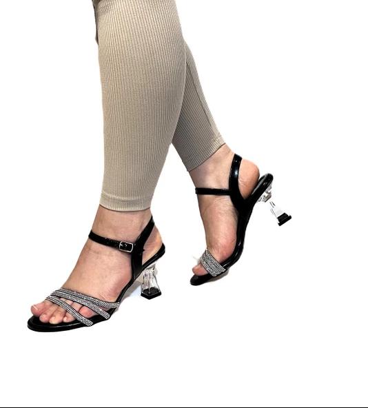 Fiyra 7027 Siyah 7cm Kadeh Topuk Üçbant Taşlı Bayan Abiye Ayakkabı - 4
