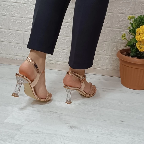 Fiyra 7027 Bakır 7cm Kadeh Topuk Üçbant Taşlı Bayan Abiye Ayakkabı - 11