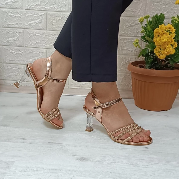 Fiyra 7027 Bakır 7cm Kadeh Topuk Üçbant Taşlı Bayan Abiye Ayakkabı - 9