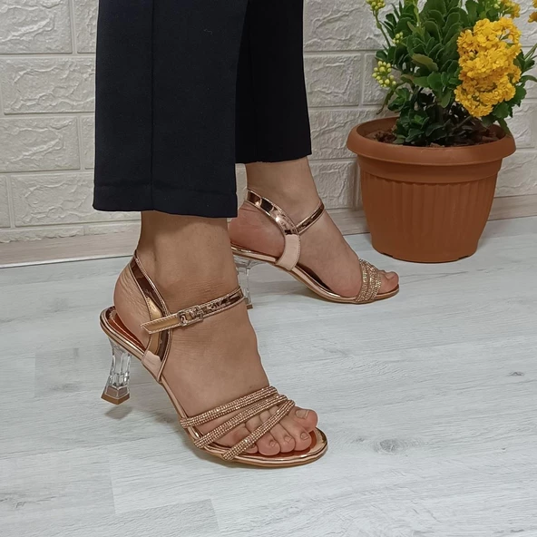 Fiyra 7027 Bakır 7cm Kadeh Topuk Üçbant Taşlı Bayan Abiye Ayakkabı - 10
