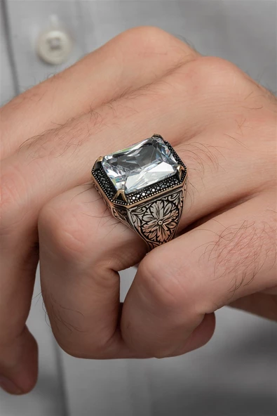 Beyaz Zirkon Taşlı Oyma Motifli 925 Gümüş Erkek Yüzük - Resim 6