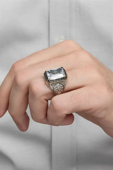 Beyaz Zirkon Taşlı Oyma Motifli 925 Gümüş Erkek Yüzük - Resim 5