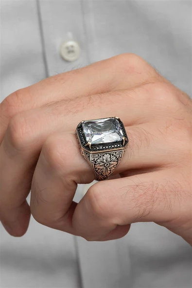 Beyaz Zirkon Taşlı Oyma Motifli 925 Gümüş Erkek Yüzük - Resim 7