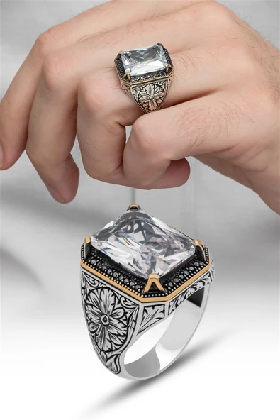 Beyaz Zirkon Taşlı Oyma Motifli 925 Gümüş Erkek Yüzük - Resim 4