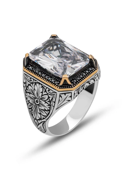 Beyaz Zirkon Taşlı Oyma Motifli 925 Gümüş Erkek Yüzük - Resim 8