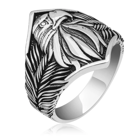 Kartal Başı Motifli Taşsız 925 Gümüş Erkek Yüzük - Resim 2