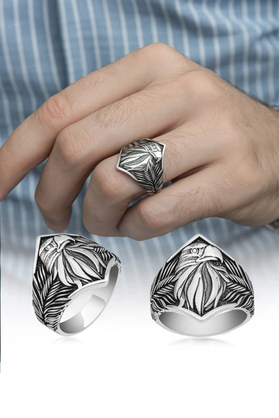 Kartal Başı Motifli Taşsız 925 Gümüş Erkek Yüzük - Resim 3