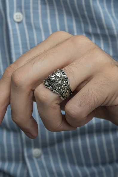 Aslan Başı Motifli Taşsız 925 Gümüş Erkek Yüzük - Resim 8