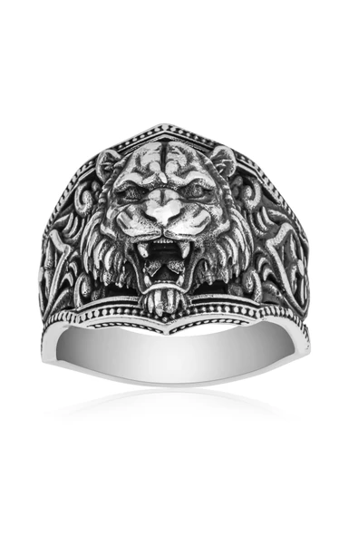 Aslan Başı Motifli Taşsız 925 Gümüş Erkek Yüzük - Resim 2