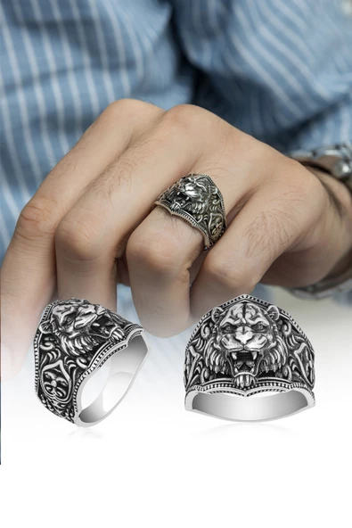 Aslan Başı Motifli Taşsız 925 Gümüş Erkek Yüzük - Resim 4