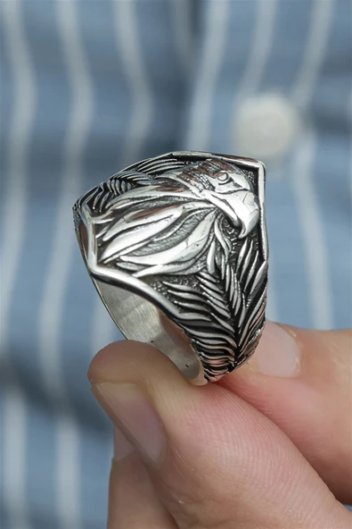 Kartal Başı Motifli Taşsız 925 Gümüş Erkek Yüzük - Resim 5