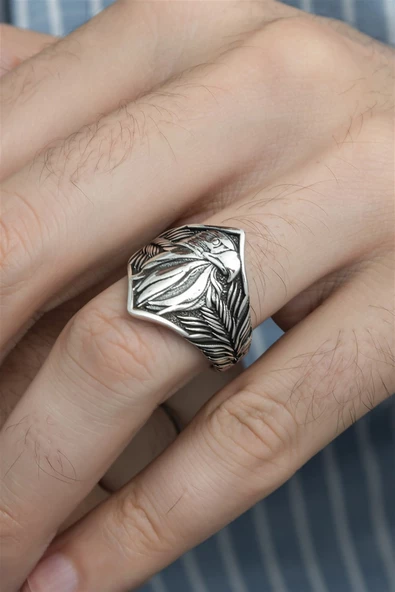 Kartal Başı Motifli Taşsız 925 Gümüş Erkek Yüzük - Resim 8