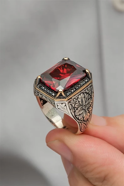 Kırmızı Taşlı Oyma Motifli 925 Gümüş Erkek Yüzük - Resim 7
