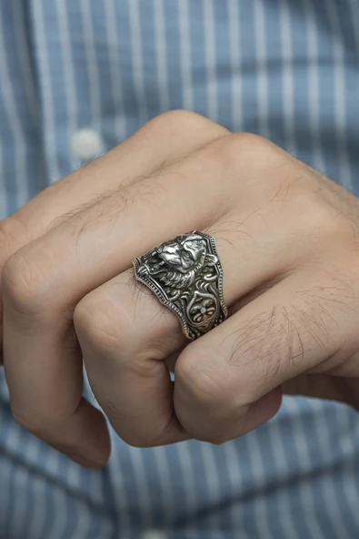 Aslan Başı Motifli Taşsız 925 Gümüş Erkek Yüzük - Resim 7