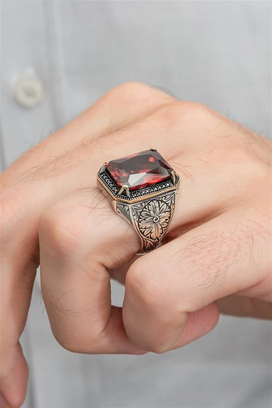 Kırmızı Taşlı Oyma Motifli 925 Gümüş Erkek Yüzük - Resim 4