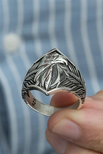 Kartal Başı Motifli Taşsız 925 Gümüş Erkek Yüzük - Resim 4