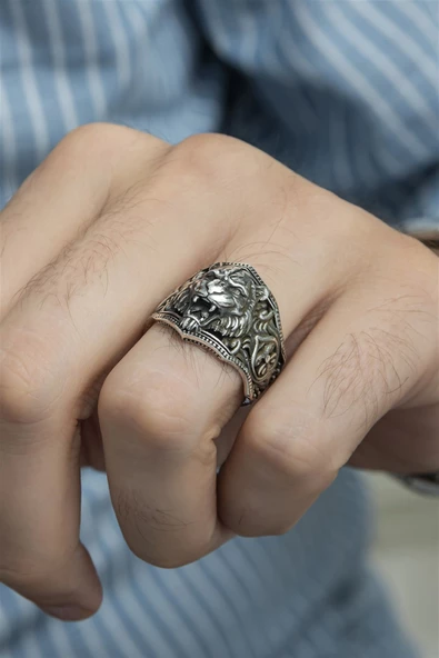 Aslan Başı Motifli Taşsız 925 Gümüş Erkek Yüzük - Resim 5