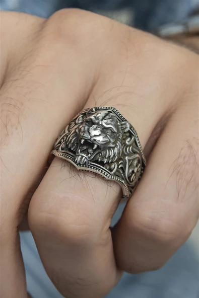 Aslan Başı Motifli Taşsız 925 Gümüş Erkek Yüzük ürün görseli