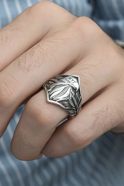 Kartal Başı Motifli Taşsız 925 Gümüş Erkek Yüzük - Resim 7