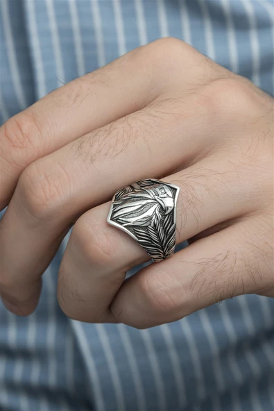 Kartal Başı Motifli Taşsız 925 Gümüş Erkek Yüzük - Resim 6