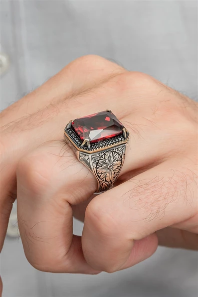 Kırmızı Taşlı Oyma Motifli 925 Gümüş Erkek Yüzük ürün görseli